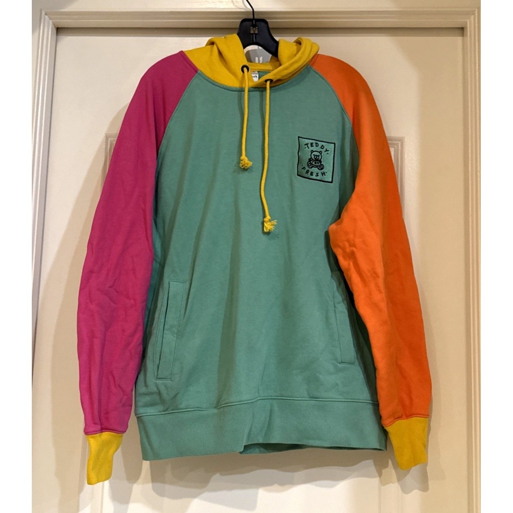 Teddy‎ Fresh Color Block Green Hooded Sweatshirt Sz M Colorful Casual Travel